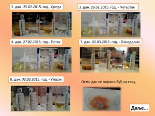 2. дан- 25.02.2015. год. -Среда 3. дан. 26.02.2015. год. - Четвртак
4. дан. 27.02.2015. год.- Петак 7. дан. 02.03.2015. год. - Понедељак
8. дан. 03.03.2015. год. - Уторак
Осми дан се појавио буђ на соку.
Даље...
 