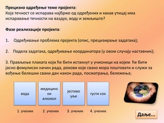 Прецизно одређење теме пројекта:
Која течност се испарава најбрже од одређених и какав утицај има
испаравање течности на ваздух, воду и земљиште?
Фазе реализације пројекта:
1. Одређивање проблема пројекта (опис, прецизирање задатака);
2. Подела задатака, одређивање координатора (у овом случају наставник);
3. Прављење плаката који ће бити истакнут у учионици на којем ће бити
јасно фомулисан начин рада, рокови које свако мора поштовати и служи за
вођење белешки сваки дан након рада, посматрања, бележења;
вода
медицинс
ки
алкохол
јестиво
уље
густи сок
1. ученик 2. ученик 3. ученик 4. ученик
Даље...
 
