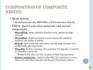 COMPOSITION OF COMPOSITE
RESINS:
 Resin matrix:
 Dimethacrylate aka BIS-GMA: a fluid monomer (liquid)
 Fillers: quartz ...