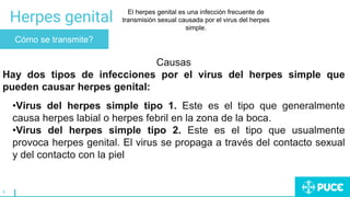 6
Herpes genital
Cómo se transmite?
El herpes genital es una infección frecuente de
transmisión sexual causada por el virus del herpes
simple.
Causas
Hay dos tipos de infecciones por el virus del herpes simple que
pueden causar herpes genital:
•Virus del herpes simple tipo 1. Este es el tipo que generalmente
causa herpes labial o herpes febril en la zona de la boca.
•Virus del herpes simple tipo 2. Este es el tipo que usualmente
provoca herpes genital. El virus se propaga a través del contacto sexual
y del contacto con la piel
 