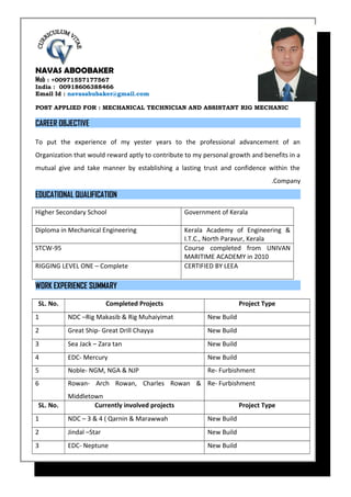 Objective Statement For Assistant Rigger ASSISTANT RIG MECHANIC OFFSHORE | DOC