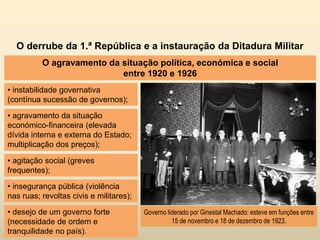 O derrube da 1.ª República e a instauração da Ditadura Militar
O agravamento da situação política, económica e social
entre 1920 e 1926
• instabilidade governativa
(contínua sucessão de governos);
Governo liderado por Ginestal Machado: esteve em funções entre
15 de novembro e 18 de dezembro de 1923.
• agravamento da situação
económico-financeira (elevada
dívida interna e externa do Estado;
multiplicação dos preços);
• agitação social (greves
frequentes);
• insegurança pública (violência
nas ruas; revoltas civis e militares);
• desejo de um governo forte
(necessidade de ordem e
tranquilidade no país).
 