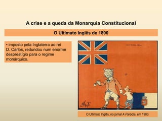 A crise e a queda da Monarquia Constitucional
O Ultimato Inglês de 1890
• imposto pela Inglaterra ao rei
D. Carlos, redundou num enorme
desprestígio para o regime
monárquico.
O Ultimato Inglês, no jornal A Paródia, em 1900.
 