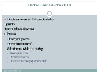 DETALLAR LAS TAREAS



 Dividirlastareasenmástareasdetalladas.
Ejemplo:
Tarea:Ordenaralimentos.
Subtareas:
- Hacerpresupuesto.
- Determinarunmenú.
- Seleccionarserviciosdecatering
      Solicitarpresupuestos
      Recibirlascotizaciones
      Revisarlascotizacionesyadjudicarelcontrato.


Ing. Gómez Avila, José
 