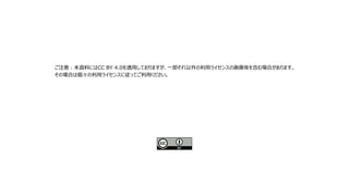ご注意：本資料にはCC BY 4.0を適用しておりますが、一部それ以外の利用ライセンスの画像等を含む場合があります。
その場合は個々の利用ライセンスに従ってご利用ください。
 