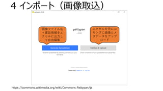 4 インポート（画像取込）
https://commons.wikimedia.org/wiki/Commons:Pattypan/ja
画像ファイル名
＋書誌情報をエ
クセルに出力し
て自由編集
エクセルを元にコ
モンズに画像とメ
タデータをアップ
ロード
 