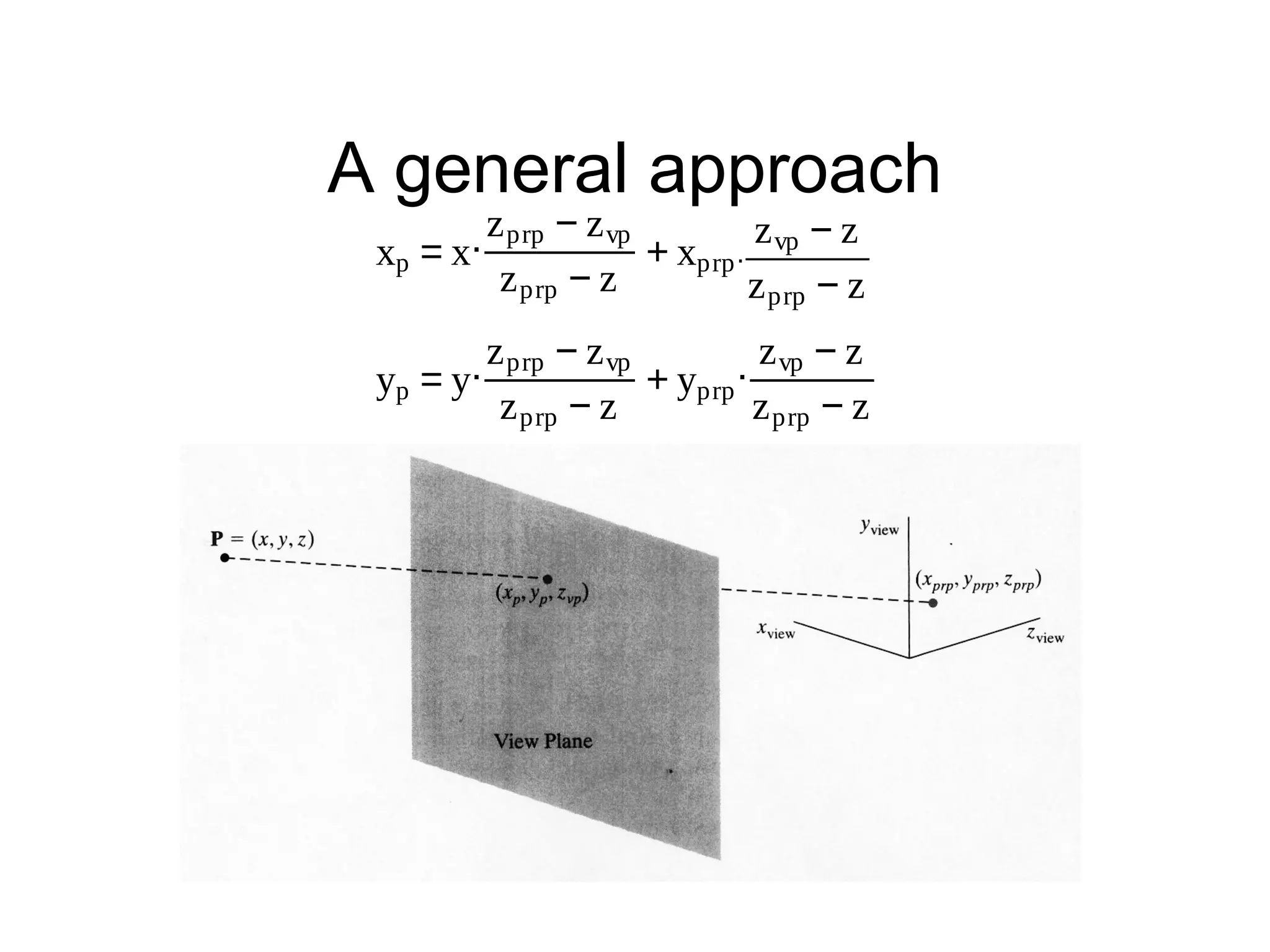 A general approach
. z prp − z vp + xprp . z vp − z
xp = x
z prp − z
z prp − z

. z prp − z vp + y . z vp − z
yp = y
prp
z prp − z
z prp − z

 