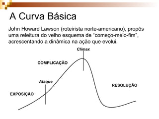 A Curva Básica John Howard Lawson (roteirista norte-americano), propôs uma releitura do velho esquema de “começo-meio-fim”, acrescentando a dinâmica na ação que evolui. EXPOSIÇÃO COMPLICAÇÃO RESOLUÇÃO Ataque Clímax 