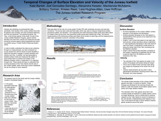 Glaciers are retreating at unprecedented rates
worldwide. Past studies of the Juneau Icefield show that
50 glaciers have receded, two have remained stationary,
and one has advanced. The advancing glacier, the
Taku, is the primary glacier of this study. As part of the
Juneau Icefield Research Program, glacier surface
elevation and short-term velocity are measured annually
during the summer season along longitudinal and transv
ers profiles using a Trimble Global Positioning System
(GPS).
In order to better understand the data we are collecting
through our measurements, we have compared our
survey results from 2016 to those of recent decades to
determine long-term changes in surface elevation and
velocity over time. In addition, we have generated a
detailed surface model and measured the pattern of
local surface flow to constrain the location of the
Matthes-Llewellyn divide, to determine if it is migrating
through time. These results will help us understand the
evolving dynamics of the Taku Glacier and the rest of
the Juneau Icefield, while continuing to build a databaset
hat can be utilized in future research.
Introduction
Results
Temporal Changes of Surface Elevation and Velocity of the Juneau Icefield
Kate Bartell, Joel Gonzalez-Santiago, Alexandra Kessler, Mackenzie McAdams,
Brittany Ooman, Kristen Rees, Lara Hughes-Allen, Uwe Hoffman
The Juneau Icefield Research Program
Methodology
• 3,176 square
kilometers total area
• 53 outlet glaciers
• Taku, Llewellyn,
and Meade
comprise 51% of
the total area of the
Juneau Icefield
• Data was collected
for this study on
Lemon Creek, Taku,
Matthes, Demorest,
and Llewellyn
Glaciers.
• A grid was set up at
points estimated to
be the Matthes-
Llewellyn divide
,
The research area for this study was the Juneau Icefield
located in Southeast Alaska.
Research Area
Figure 1: A map of the longitundinal and
transverse profiles surveyed on the Juneau
Icefield.
Discussion
Data was taken by the use of a survey grade Trimble GPS with centimeter accuracy and real time
corrections. The survey style used was fixed static which was used to measure longitudinal profiles,
transverse profiles, and elevation. The longitudinal and initial transverse profile points were taken within
0.5 meters of the survey point, and transverse profile points were marked with a flag. The second
measurements of the transverse profiles were taken at the location of each flag, and the measurements
taken were calculated to solve for velocities of the profiles.
• As time progresses on the Juneau Icefield, surface
elevation on the glaciers are decreasing.
• Surface elevation decrease on the Taku glacier is
representative of the amount of ice mass lost in the
vertical direction.
• Graphs 1 and 2 show that based on two eight year
time periods, surface elevations along Longitudinal
A have significantly decreased in the most recent 8
year time period. Longitudinal A profile points run
along the center lines of the Taku connecting into
the Matthes-Llewellyn.
• Graph 3 shows that surface elevation increases at
the margins, supporting a hypothesis that the Taku
is gaining mass from the Matthes and other
branches of the Taku.
Surface Elevation
Velocity
• The velocities of the Taku glacier are larger in the
center of the glacier and slower along the margin.
• This is due to higher friction and less mass along
the margins as compared to the center line of ice
flow.
• Velocity measurements can be used in many
glaciological calculations including erosion rates, ice
thickness, and mass transport.
References
Conclusion
1. Peduzzi, P., C. Herald, and W. Silverio. "Assessing High Altitude Glacier Thickness, Volume and Area Changes Using Field, GIS and Remote Sensing Techniques: The Case of Nevado
Coropuna (Peru)." The Cryosphere 4 (2010): 313-23. Web.,
2. Whitehead, K., Moorman, B., and Wainstein, P. 2014, instruments and Methods: Measuring daily surface elevation and velocity variations across polythermal arctic glacier using ground based
photogrammetry, Journal of Glaciology, v.60, no. 224
The overall surface elevation of the Juneau Icefield
glaciers has been in a period of decline. These
changes are attributed to the warming climate that
leads to a later and shorter accumulation season and a
earlier and longer ablation season.
The velocities of the Taku glacier show that it has
currently slowed its advance to a stable position, and is
no longer advancing. This is a pivitol time to continue
research on the Taku Glacier to record it’s behavior in
the next decade. Understanding what happens to the
Taku in this period will help in future research towards
glacier dynamics around the world.
0.000
2.000
4.000
6.000
8.000
10.000
12.000
14.000
16.000
18.000
20.000
0.0 5.0 10.0 15.0 20.0 25.0 30.0 35.0 40.0 45.0 50.0
ChangeinElevation(m)
Distance along Longitudinal A (km)
Change in Elevation of Longitudinal A
Matthes Llewellyn
Above: A photo of a base station set up for a day of surveying on the Juneau Icefield.
Graph 2. This graph shows the elevation differences between
2000-2008 (blue) and 2008-2016 (red). There is a five meter
difference in change of elevation between the two time periods.
This graph highlights that the rate of change has increased
exponentially in the past eight years. The vertical line shows t
he Matthes-Llewellyn divide.
Graph 1. The graph above shows the elevation change between the years 2000 - 2016 i
n 8 year periods along Longitudinal A. The vertical line represents the divide between the
Matthes and Llewellyn glacier. The scale of this graph has been modified by a factor of
20 to show greater change.
Graph 3. The above graph shows the velocity o
f Profile 4 vs. elevation. It highlights that ve
locity is slower at the margins of the glacier.
 