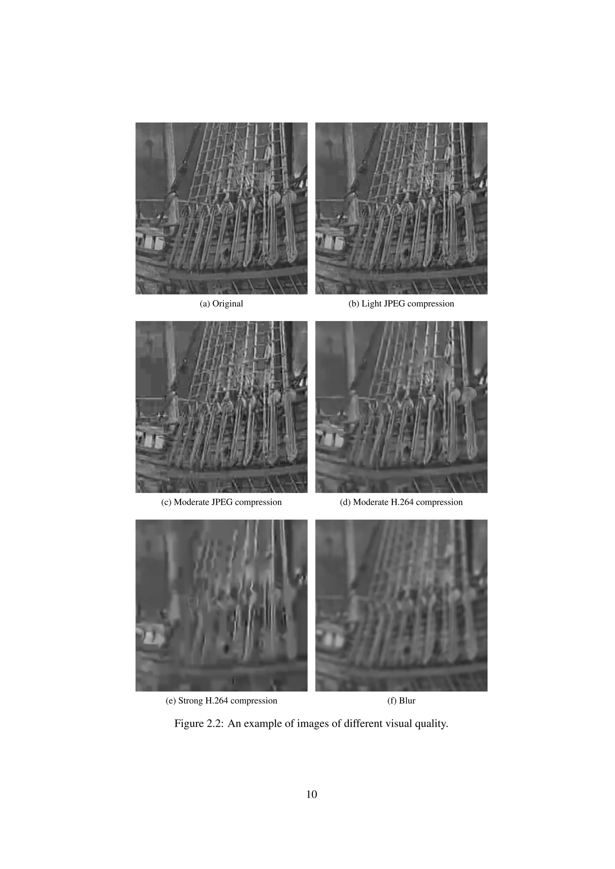 (a) Original (b) Light JPEG compression
(c) Moderate JPEG compression (d) Moderate H.264 compression
(e) Strong H.264 compression (f) Blur
Figure 2.2: An example of images of different visual quality.
10
 