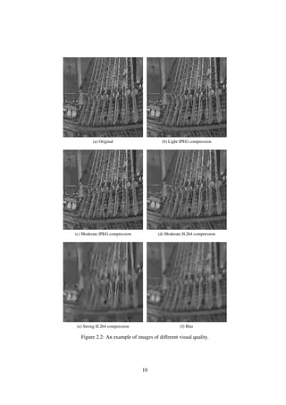 (a) Original (b) Light JPEG compression
(c) Moderate JPEG compression (d) Moderate H.264 compression
(e) Strong H.264 compression (f) Blur
Figure 2.2: An example of images of different visual quality.
10
 