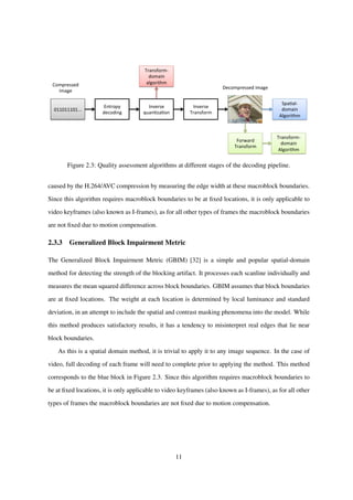 Entropy	
  
decoding	
Inverse	
  
quan4za4on	
Inverse	
  
Transform	
Spa4al-­‐
domain	
  
Algorithm	
Forward	
  
Transform	
Transform-­‐
domain	
  
Algorithm	
Transform-­‐
domain	
  
algorithm	
Decompressed	
  image	
011011101...	
Compressed	
  
image	
Figure 2.3: Quality assessment algorithms at different stages of the decoding pipeline.
caused by the H.264/AVC compression by measuring the edge width at these macroblock boundaries.
Since this algorithm requires macroblock boundaries to be at ﬁxed locations, it is only applicable to
video keyframes (also known as I-frames), as for all other types of frames the macroblock boundaries
are not ﬁxed due to motion compensation.
2.3.3 Generalized Block Impairment Metric
The Generalized Block Impairment Metric (GBIM) [32] is a simple and popular spatial-domain
method for detecting the strength of the blocking artifact. It processes each scanline individually and
measures the mean squared difference across block boundaries. GBIM assumes that block boundaries
are at ﬁxed locations. The weight at each location is determined by local luminance and standard
deviation, in an attempt to include the spatial and contrast masking phenomena into the model. While
this method produces satisfactory results, it has a tendency to misinterpret real edges that lie near
block boundaries.
As this is a spatial domain method, it is trivial to apply it to any image sequence. In the case of
video, full decoding of each frame will need to complete prior to applying the method. This method
corresponds to the blue block in Figure 2.3. Since this algorithm requires macroblock boundaries to
be at ﬁxed locations, it is only applicable to video keyframes (also known as I-frames), as for all other
types of frames the macroblock boundaries are not ﬁxed due to motion compensation.
11
 