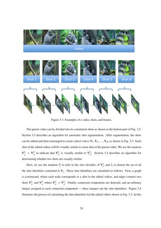 Video	
  
Shot	
  1	
   Shot	
  2	
   Shot	
  3	
   Shot	
  4	
   Shot	
  5	
   Shot	
  6	
  
...	
   ...	
   ...	
   ...	
   ...	
   ...	
  
Figure 3.1: Examples of a video, shots, and frames.
The parent video can be divided into its constituent shots as shown in the bottom part of Fig. 3.2.
Section 3.3 describes an algorithm for automatic shot segmentation. After segmentation, the shots
can be edited and then rearranged to create edited videos V1, V2, . . . , VM as shown in Fig. 3.3. Each
shot of the edited videos will be visually similar to some shot of the parent video. We use the notation
Vk1
j1
Vk2
j2
to indicate that Vk1
j1
is visually similar to Vk2
j2
. Section 3.4 describes an algorithm for
determining whether two shots are visually similar.
Next, we use the notation Ik
j to refer to the shot identiﬁer of Vk
j, and Ij to denote the set of all
the shot identiﬁers contained in Vj. These shot identiﬁers are calculated as follows. First, a graph
is constructed, where each node corresponds to a shot in the edited videos, and edges connect two
shots Vk1
j1
and Vk2
j2
where Vk1
j1
Vk2
j2
. Finally, connected components are detected, and an arbitrary
integer assigned to each connected component — these integers are the shot identiﬁers. Figure 3.4
illustrates the process of calculating the shot identiﬁers for the edited videos shown in Fig. 3.3. In this
24
 