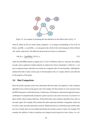 𝑉1
1
𝑉1
2
𝑉1
3
𝑉3
1
𝑉3
2
𝑉2
1
𝑉2
2
𝑉2
3
Figure 3.4: An example of calculating the shot identiﬁers for the edited videos in Fig. 3.3.
where f1 and f2 are the two frames being compared; r is an integer corresponding to one of the 16
blocks; and H(f1, r, x) and H(f2, r, x) correspond to the xth bin of the color histogram of the rth block
of f1 and f2, respectively. The difference between the two frames is calculated as:
E(f1, f2) = SumOfMin
8 of 16, r=1 to 16
F(f1, f2, r), (3.2)
where the SumOfMin operator computes Eq. (3.1) for 16 different values of r and sums the smallest
8 results, and is explained in further detail by its authors [41]. Given a threshold υ, if E(f1, f2) > υ for
any two adjacent frames, then those two frames lie on opposite sides of a shot boundary. Although this
method often fails to detect certain types of shot boundaries [42], it is simple, effective and sufﬁcient
for the purposes of this paper.
3.4 Shot Comparison
Since the picture typically carries more information than the audio, the majority of video similarity
algorithms focus on the moving picture only. For example, [43,44] calculate an visual signature from
the HSV histograms of individual frames. Furthermore, [45] proposes a hierarchical approach using a
combination of computationally inexpensive global signatures and, only if necessary, local features to
detect similar videos in large collections. On the other hand, some similarity algorithms focus only on
the audio signal. For example, [46] examines the audio signal and calculates a ﬁngerprint, which can
be used in video and audio information retrieval. Methods that focus on both the picture and the audio
also exist. Finally, there are also methods that utilize the semantic content of video. For example, [47]
examines the subtitles of videos to perform cross-lingual novelty detection of news videos. Lu et al.
26
 