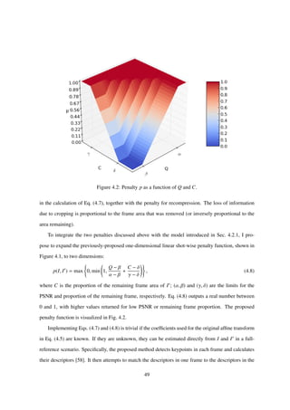 Figure 4.2: Penalty p as a function of Q and C.
in the calculation of Eq. (4.7), together with the penalty for recompression. The loss of information
due to cropping is proportional to the frame area that was removed (or inversely proportional to the
area remaining).
To integrate the two penalties discussed above with the model introduced in Sec. 4.2.1, I pro-
pose to expand the previously-proposed one-dimensional linear shot-wise penalty function, shown in
Figure 4.1, to two dimensions:
p(I, I ) = max 0, min 1,
Q − β
α − β
+
C − δ
γ − δ
, (4.8)
where C is the proportion of the remaining frame area of I ; (α, β) and (γ, δ) are the limits for the
PSNR and proportion of the remaining frame, respectively. Eq. (4.8) outputs a real number between
0 and 1, with higher values returned for low PSNR or remaining frame proportion. The proposed
penalty function is visualized in Fig. 4.2.
Implementing Eqs. (4.7) and (4.8) is trivial if the coefﬁcients used for the original afﬁne transform
in Eq. (4.5) are known. If they are unknown, they can be estimated directly from I and I in a full-
reference scenario. Speciﬁcally, the proposed method detects keypoints in each frame and calculates
their descriptors [58]. It then attempts to match the descriptors in one frame to the descriptors in the
49
 