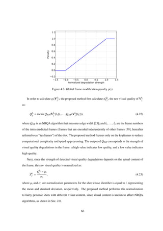 1.5 1.0 0.5 0.0 0.5 1.0 1.5
Normalized degradation strength
0.2
0.0
0.2
0.4
0.6
0.8
1.0
1.2
Penalty
Figure 4.6: Global frame modiﬁcation penalty p(·).
In order to calculate gi(Vki
j ), the proposed method ﬁrst calculates Qki
j , the raw visual quality of Vki
j
as:
Qki
j = mean(QNR(Vki
j [l1]), . . . , QNR(Vki
j [lL])), (4.22)
where QNR is an NRQA algorithm that measures edge width [23]; and l1, . . . , lL are the frame numbers
of the intra-predicted frames (frames that are encoded independently of other frames [39], hereafter
referred to as “keyframes”) of the shot. The proposed method focuses only on the keyframes to reduce
computational complexity and speed up processing. The output of QNR corresponds to the strength of
visual quality degradations in the frame: a high value indicates low quality, and a low value indicates
high quality.
Next, since the strength of detected visual quality degradations depends on the actual content of
the frame, the raw visual quality is normalized as:
Zki
j =
Qki
j − µi
σi
, (4.23)
where µi and σi are normalization parameters for the shot whose identiﬁer is equal to i, representing
the mean and standard deviation, respectively. The proposed method performs this normalization
to fairly penalize shots with different visual content, since visual content is known to affect NRQA
algorithms, as shown in Sec. 2.8.
66
 