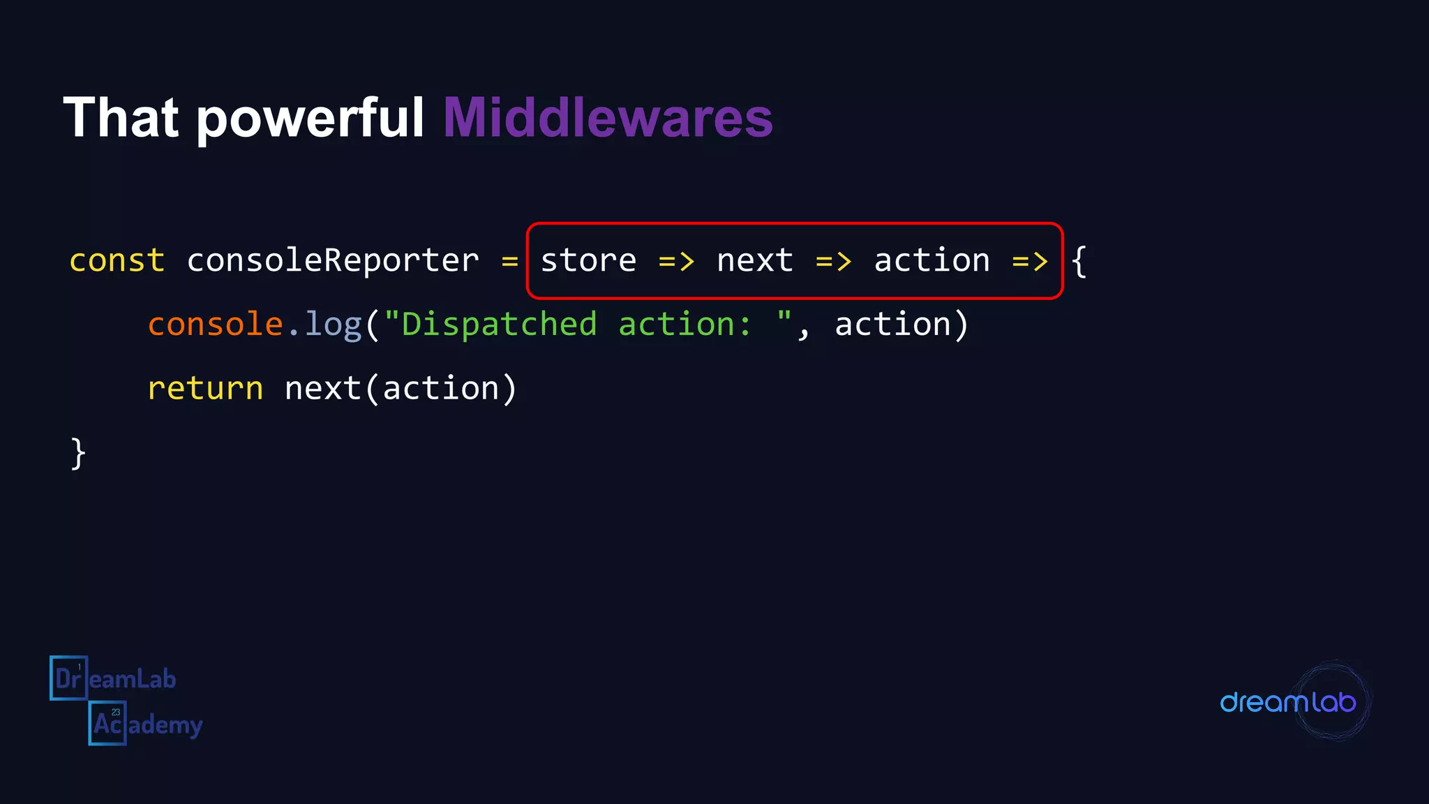 That powerful Middlewares
const consoleReporter = store => next => action => {
console.log("Dispatched action: ", action)
return next(action)
}
 