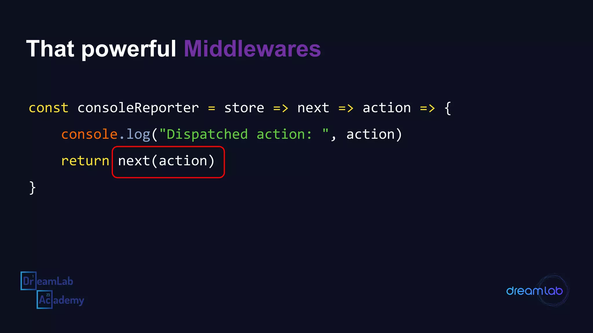 That powerful Middlewares
const consoleReporter = store => next => action => {
console.log("Dispatched action: ", action)
return next(action)
}
 