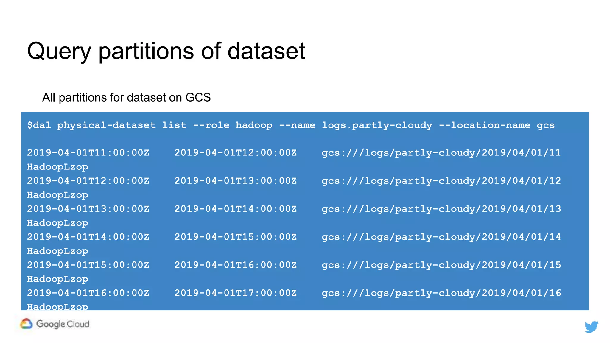 Query partitions of dataset
$dal physical-dataset list --role hadoop --name logs.partly-cloudy --location-name gcs
2019-04-01T11:00:00Z 2019-04-01T12:00:00Z gcs:///logs/partly-cloudy/2019/04/01/11
HadoopLzop
2019-04-01T12:00:00Z 2019-04-01T13:00:00Z gcs:///logs/partly-cloudy/2019/04/01/12
HadoopLzop
2019-04-01T13:00:00Z 2019-04-01T14:00:00Z gcs:///logs/partly-cloudy/2019/04/01/13
HadoopLzop
2019-04-01T14:00:00Z 2019-04-01T15:00:00Z gcs:///logs/partly-cloudy/2019/04/01/14
HadoopLzop
2019-04-01T15:00:00Z 2019-04-01T16:00:00Z gcs:///logs/partly-cloudy/2019/04/01/15
HadoopLzop
2019-04-01T16:00:00Z 2019-04-01T17:00:00Z gcs:///logs/partly-cloudy/2019/04/01/16
HadoopLzop
All partitions for dataset on GCS
 