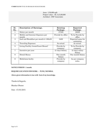 CURRICULUM VITAE OF BHASKAR SHAHAJI DHAME
Area : 1,50,000 sqft.
Project value : Rs. 4,13,00,000
Architect : DSP Associates
Sr.
No.
Description of Earnings. Existing
Package.
Expected
Package.
1 Salary per month 27500 38000
2 Mobile and Internet Expences per
month
Provide by office To be Provide by
office
3 food and Breakfast per month @ 180x30 5400 Expected same for
outstation
4 Traveling Expenses As actual As actual
5 Living Facility (room/Guest House) Provide by
company.
To be Provide by
company.
7 Incentive per year 21 days Salary. 21 days salary
Salary
8 Diwali Bonus One month
Salary
One month Salary
9 Mediclaim facilty Provide by
company
As per company
rules.
NOTICE PERIOD : 1 month.
REQUIRE LOCATION FOR WORK : PUNE / MUMBAI.
Above given information is true with best of my knowledge.
Thanks & Regards,
Bhaskar Dhame
Date : 17/03/2015.
Page 4 of 4
 