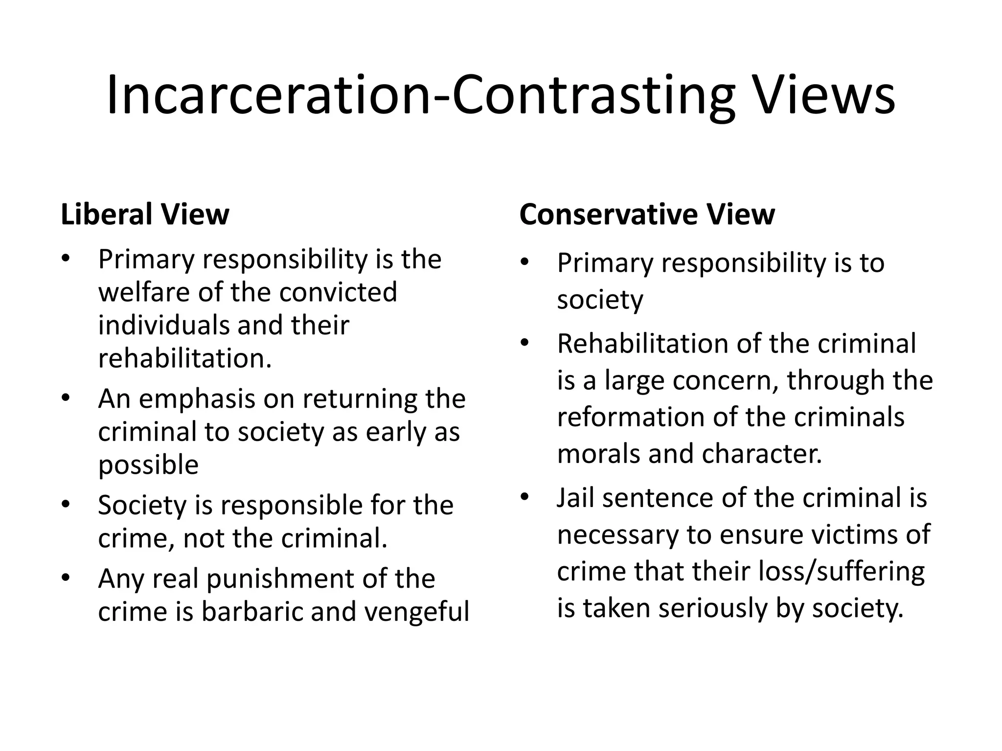 Incarceration-Contrasting Views
Liberal View
• Primary responsibility is the
welfare of the convicted
individuals and their
rehabilitation.
• An emphasis on returning the
criminal to society as early as
possible
• Society is responsible for the
crime, not the criminal.
• Any real punishment of the
crime is barbaric and vengeful
Conservative View
• Primary responsibility is to
society
• Rehabilitation of the criminal
is a large concern, through the
reformation of the criminals
morals and character.
• Jail sentence of the criminal is
necessary to ensure victims of
crime that their loss/suffering
is taken seriously by society.
 