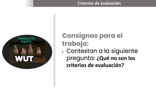 Criterios de evaluación
00
TRABAJO EN
EQUIPO
Consignas para el
trabajo:
1. Contestan a la siguiente
pregunta: ¿Qué no son los
criterios de evaluación?
 
