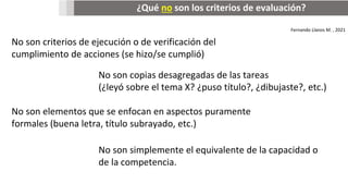 ¿Qué no son los criterios de evaluación?
No son criterios de ejecución o de verificación del
cumplimiento de acciones (se hizo/se cumplió)
No son copias desagregadas de las tareas
(¿leyó sobre el tema X? ¿puso título?, ¿dibujaste?, etc.)
No son elementos que se enfocan en aspectos puramente
formales (buena letra, título subrayado, etc.)
Fernando Llanos M. , 2021
No son simplemente el equivalente de la capacidad o
de la competencia.
 