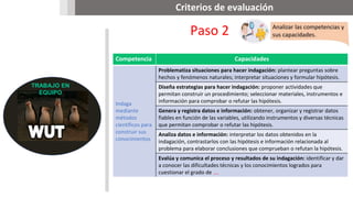 Criterios de evaluación
00
TRABAJO EN
EQUIPO
Paso 2
Competencia Capacidades
Indaga
mediante
métodos
científicos para
construir sus
conocimientos
Problematiza situaciones para hacer indagación: plantear preguntas sobre
hechos y fenómenos naturales; interpretar situaciones y formular hipótesis.
Diseña estrategias para hacer indagación: proponer actividades que
permitan construir un procedimiento; seleccionar materiales, instrumentos e
información para comprobar o refutar las hipótesis.
Genera y registra datos e información: obtener, organizar y registrar datos
fiables en función de las variables, utilizando instrumentos y diversas técnicas
que permitan comprobar o refutar las hipótesis.
Analiza datos e información: interpretar los datos obtenidos en la
indagación, contrastarlos con las hipótesis e información relacionada al
problema para elaborar conclusiones que comprueban o refutan la hipótesis.
Evalúa y comunica el proceso y resultados de su indagación: identificar y dar
a conocer las dificultades técnicas y los conocimientos logrados para
cuestionar el grado de ….
 
