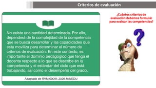 Criterios de evaluación
No existe una cantidad determinada. Por ello,
dependerá de la complejidad de la competencia
que se busca desarrollar y las capacidades que
esta moviliza para determinar el número de
criterios de evaluación. En este contexto, es
importante el dominio pedagógico que tenga el
docente respecto a lo que se describe en la
competencia y el estándar del ciclo que está
trabajando, así como el desempeño del grado.
Adaptado de RVM 00094-2020-MINEDU
¿Cuántos criterios de
evaluación debemos formular
para evaluar las competencias?
 