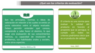 Son los principios, normas o ideas de
valoración en relación a los cuales se emite un
juicio valorativo sobre el objeto evaluado.
Deben permitir entender qué conoce,
comprende y sabe hacer el alumno, lo que
exige una evaluación de sus conocimientos
teóricos, su capacidad de resolución de
problemas, sus habilidades orales y sociales,
entre otros aspectos.
García, 2010, p. 81
El criterio es una norma para
evaluar la calidad del
producto en función al
propósito que se persigue. Si
cumple con todos los
criterios podríamos decir que
es un producto de calidad.
Vela, 2021
¿Qué son los criterios de evaluación?
 