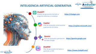 ChatGPT
Chatbot de generación de texto a
preguntas extensas y complejas
Copilot
Chat de búsqueda conversacional
y generación de textos
Gemini
Chat de búsqueda y generación
de texto Google
ChatPDF
Chat de generación de textos a
partir de un PDF
INTELIGENCIA ARTIFICIAL GENERATIVA
https://www.chatpdf.com/
https://chatgpt.com
https://gemini.google.com
https://copilot.microsoft.com/
 