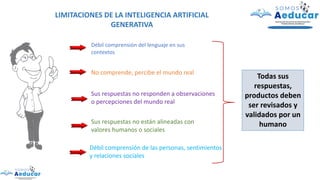 LIMITACIONES DE LA INTELIGENCIA ARTIFICIAL
GENERATIVA
Débil comprensión del lenguaje en sus
contextos
No comprende, percibe el mundo real
Sus respuestas no responden a observaciones
o percepciones del mundo real
Sus respuestas no están alineadas con
valores humanos o sociales
Débil comprensión de las personas, sentimientos
y relaciones sociales
Todas sus
respuestas,
productos deben
ser revisados y
validados por un
humano
 