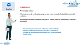 INTERACIÓN 2
Prompts /consigna :
NO, los criterios de evaluación que presentas están separadas la habilidad, contenido y
condición.
Reelabora los criterios de evaluación unificando en una sola redacción la habilidad, el contenido y
la condición.
Mis disculpas por la confusión anterior. A continuación, te
presento criterios de evaluación unificados basados en el
estándar de aprendizaje proporcionado para estudiantes de 6
años de edad:
 