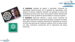 4. Habilidad: Igualdad de género y diversidad. Contenido de
aprendizaje: Reconocimiento de la igualdad de capacidades entre
géneros. Condición cualitativa: Describir con ejemplos al menos tres
actividades que tanto niñas como niños pueden realizar, demostrando
comprensión de la igualdad de oportunidades sin importar el género.
5. Habilidad: Relaciones afectivas y apoyo social. Contenido de
aprendizaje: Identificación de personas de apoyo y expresión de afecto
hacia ellos. Condición cualitativa: Demostrar la capacidad de nombrar
al menos dos personas de confianza y explicar cómo se siente al estar
con ellas, mostrando comprensión de la importancia del apoyo
emocional.
 