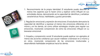 1. Reconocimiento de la propia identidad: El estudiante puede describir al
menos tres aspectos que lo hacen único y explicar cómo influyen en sus
actividades diarias, demostrando así la capacidad de identificar y verbalizar
características físicas, habilidades y gustos personales.
2. Regulación emocional y expresión de emociones: El estudiante demuestra la
capacidad de identificar y expresar al menos tres emociones diferentes en sí
mismo y en los demás, así como utilizar estrategias simples para regular sus
emociones, mostrando comprensión de cómo las emociones influyen en su
bienestar emocional.
3. Empatía y comprensión social: El estudiante puede explicar con ejemplos al
menos dos acciones cotidianas que causan malestar o bienestar en sí mismo y
en otros, mostrando comprensión de las emociones involucradas y
desarrollando habilidades empáticas hacia los demás.
 