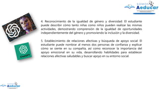 4. Reconocimiento de la igualdad de género y diversidad: El estudiante
puede describir cómo tanto niñas como niños pueden realizar las mismas
actividades, demostrando comprensión de la igualdad de oportunidades
independientemente del género y promoviendo la inclusión y la diversidad.
5. Establecimiento de relaciones afectivas y búsqueda de apoyo social: El
estudiante puede nombrar al menos dos personas de confianza y explicar
cómo se siente en su compañía, así como reconocer la importancia del
apoyo emocional en su vida, desarrollando habilidades para establecer
relaciones afectivas saludables y buscar apoyo en su entorno social.
 