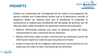 PROMPTS
Elabora un cuestionario de 12 preguntas de las cuales 8 son preguntas de
opción múltiple con 4 alternativas señala cuál es la alternativa correcta. 4
preguntas deben ser abiertas para que el estudiante lo responda. El
cuestionario se elabora para estudiantes del 6to grado de primaria con 10
años de edad y debe considerar los siguientes criterios de evaluación:
• Obtiene información explicita que están en distintas partes del texto,
reconociendo el valor nutricional de los alimentos
• Realiza inferencias sobre el valor nutricional de los alimentos a partir de
información explícita e implícita que encuentra en el texto
• Evalúa la intención de las imágenes, descripciones y puntuaciones en los
textos que lee sobre el valor nutricional de los alimentos
 