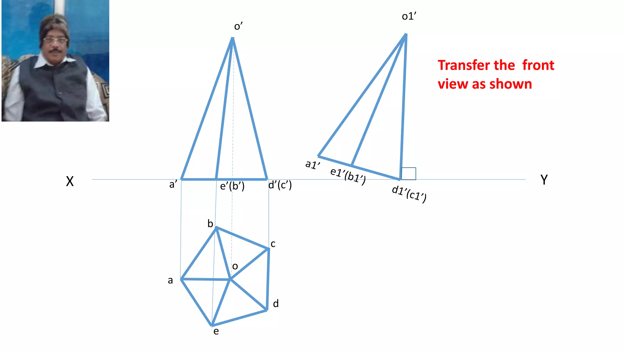 X Y
a
b
c
d
e
o
o’
a’ e’(b’) d’(c’)
o1’
Transfer the front
view as shown
 