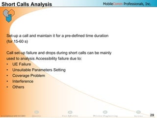 29
Short Calls Analysis
Set-up a call and maintain it for a pre-defined time duration
(for 15-60 s)
Call set-up failure and drops during short calls can be mainly
used to analysis Accessibility failure due to:
• UE Failure
• Unsuitable Parameters Setting
• Coverage Problem
• Interference
• Others
 