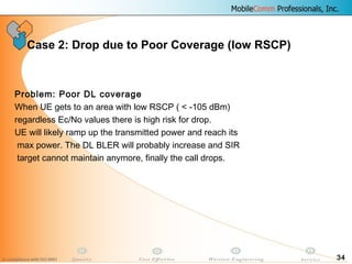 34
Case 2: Drop due to Poor Coverage (low RSCP)
Problem: Poor DL coverage
When UE gets to an area with low RSCP ( < -105 dBm)
regardless Ec/No values there is high risk for drop.
UE will likely ramp up the transmitted power and reach its
max power. The DL BLER will probably increase and SIR
target cannot maintain anymore, finally the call drops.
 