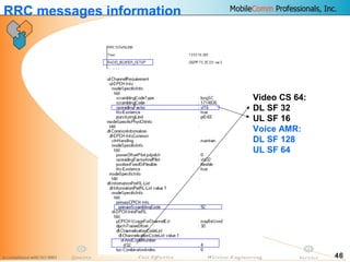 46
RRC messages information
Video CS 64:
DL SF 32
UL SF 16
Voice AMR:
DL SF 128
UL SF 64
 
