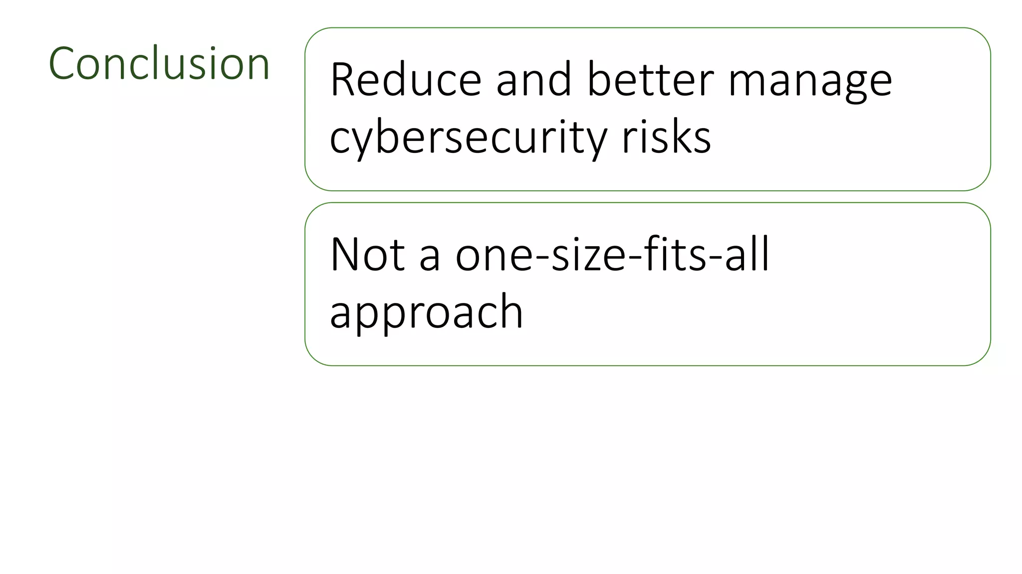 Conclusion Reduce and better manage
cybersecurity risks
Not a one-size-fits-all
approach
 