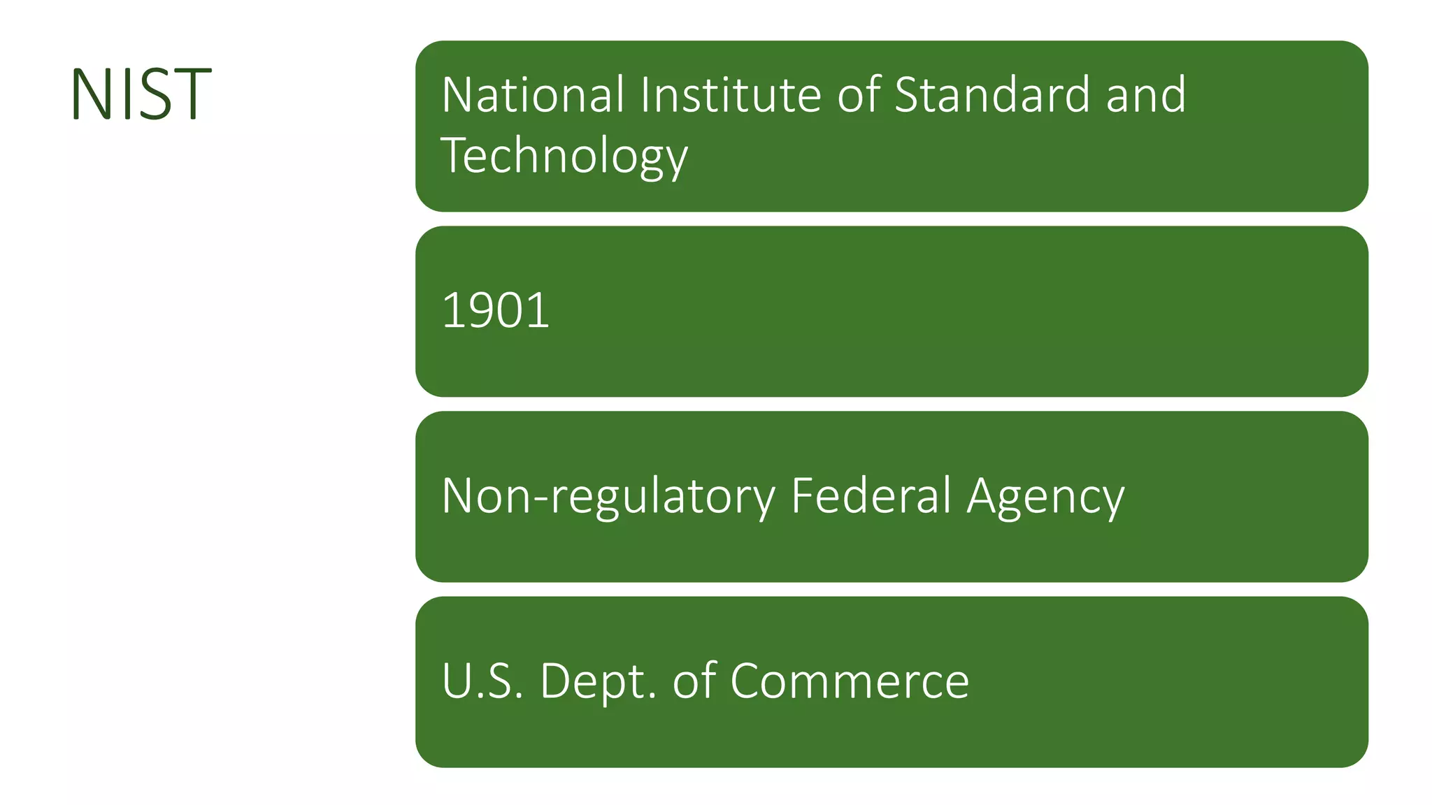 National Institute of Standard and
Technology
1901
Non-regulatory Federal Agency
U.S. Dept. of Commerce
NIST
 