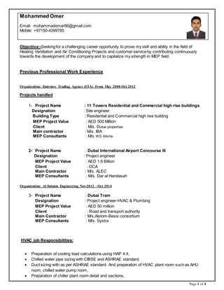 Page 1 of 4
Mohammed Omer
Email: mohammadomar86@gmail.com
Mobile: +97150-4399785
Objective:-Seeking for a challenging career opportunity to prove my skill and ability in the field of
Heating Ventilation and Air Conditioning Projects and customer service by contributing continuously
towards the development of the company and to capitalize my strength in MEP field.
Previous Professional Work Experience
Organization: Emirates Trading Agency (ETA) From May 2008-Oct 2012
Projects handled
1- Project Name : 11 Towers Residential and Commercial high rise buildings
Designation : Site engineer
Building Type : Residential and Commercial high rise building
MEP Project Value : AED 500 Million
Client : M/s. Dubai properties
Main contractor : M/s. IBA
MEP Consultants : M/s WS Atkins
2- Project Name : Dubai International Airport Concourse III
Designation : Project engineer
MEP Project Value : AED 1.6 Billion
Client : DCA
Main Contractor : M/s. ALEC
MEP Consultants : M/s. Dar al Handasah
Organization: Al futtaim Engineering Nov-2012 –Oct 2014
3- Project Name : Dubai Tram
Designation : Project engineer-HVAC & Plumbing
MEP Project Value : AED 50 million
Client : Road and transport authority
Main Contractor : M/s.Alstom-Besix consortium
MEP Consultants : M/s. Systra
HVAC job Responsibilities:
 Preparation of cooling load calculations using HAP 4.4,
 Chilled water pipe sizing with CIBSE and ASHRAE standard.
 Duct sizing with as per ASHRAE standard. And preparation of HVAC plant room such as AHU
room, chilled water pump room,
 Preparation of chiller plant room detail and sections,
 