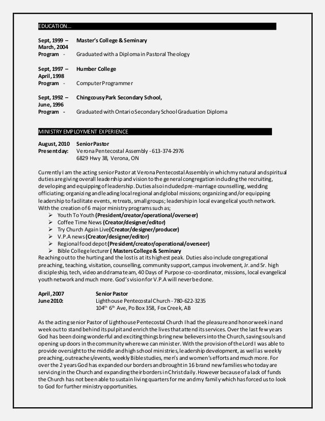 resume for pastor