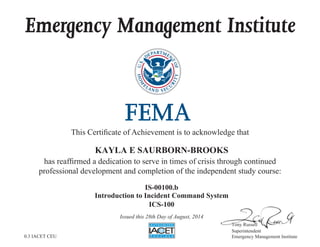 Emergency Management Institute
This Certificate of Achievement is to acknowledge that
has reaffirmed a dedication to serve in times of crisis through continued
professional development and completion of the independent study course:
Tony Russell
Superintendent
Emergency Management Institute
KAYLA E SAURBORN-BROOKS
IS-00100.b
Introduction to Incident Command System
ICS-100
Issued this 28th Day of August, 2014
0.3 IACET CEU
 