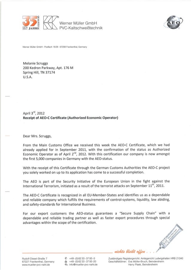 Project AEO Certification - Thank You Letter from Employer