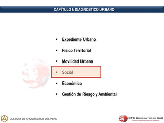  Expediente Urbano
 Físico Territorial
 Movilidad Urbana
 Social
 Económico
 Gestión de Riesgo y Ambiental
COLEGIO DE ARQUITECTOS DEL PERU
CAPÍTULO I: DIAGNOSTICO URBANO
 