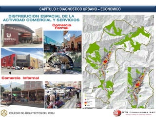 COLEGIO DE ARQUITECTOS DEL PERU
CAPÍTULO I: DIAGNOSTICO URBANO – ECONOMICO
Comercio
Formal
Distrito Mercado Tipo N° de Puestos
Mercado Las Moras Minorista 166
Mercado de Puelles Mayorista 451
Mercado Modelo Privado Minorista 1180
Mercado Viejo Minorista 236
San Pablo Minorista 25
Andino Amazónico Minorista 177
Mercadillo Minorista 14
Mercado San Luis Minorista 83
El Buen Vecino Minorista 9
Mercadillo Sector 4 San Luis Minorista 33
Mercado Paucarbamba Minorista 664
Virgen de Fátima del Niño Jesús Minorista 25
Mercado Conys Minorista 16
Mercadillo (costado de la Plaza) Minorista
Mercado Mollecito Minorista 69
Mercadillo Los Alamos Minorista
Mercadillo La Pampa Minorista
Mercadillo La Económica Minorista
Mercadillo La Hacienda Minorista
Mercadillo Yanac Minorista
Imágenes
Fuente: Gerencias de Desarrollo Económico de las Municiplidades de Huánuco, Pillcomarca y Amarilis
Ciudad de Huanuco: Mercados Según Distrito
Huanuco
Amarilis
Sta María del
Valle
Pillcomarca
Elaboración: Equipo Técnico PDU Huánuco
Comercio Informal
DISTRIBUCION ESPACIAL DE LA
ACTIVIDAD COMERCIAL Y SERVICIOS
 