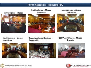 PUNO: Validación – Propuesta PDU
Organizaciones Sociales -
Exposición
Instituciones – Mesas
temáticas
Instituciones – Mesas
temáticas
CCPP Jayllihuaya– Mesas
Trabajo
Instituciones – Mesas
temáticas
Instituciones – Mesas
temáticas
COLEGIO DE ARQUITECTOS DEL PERU
 